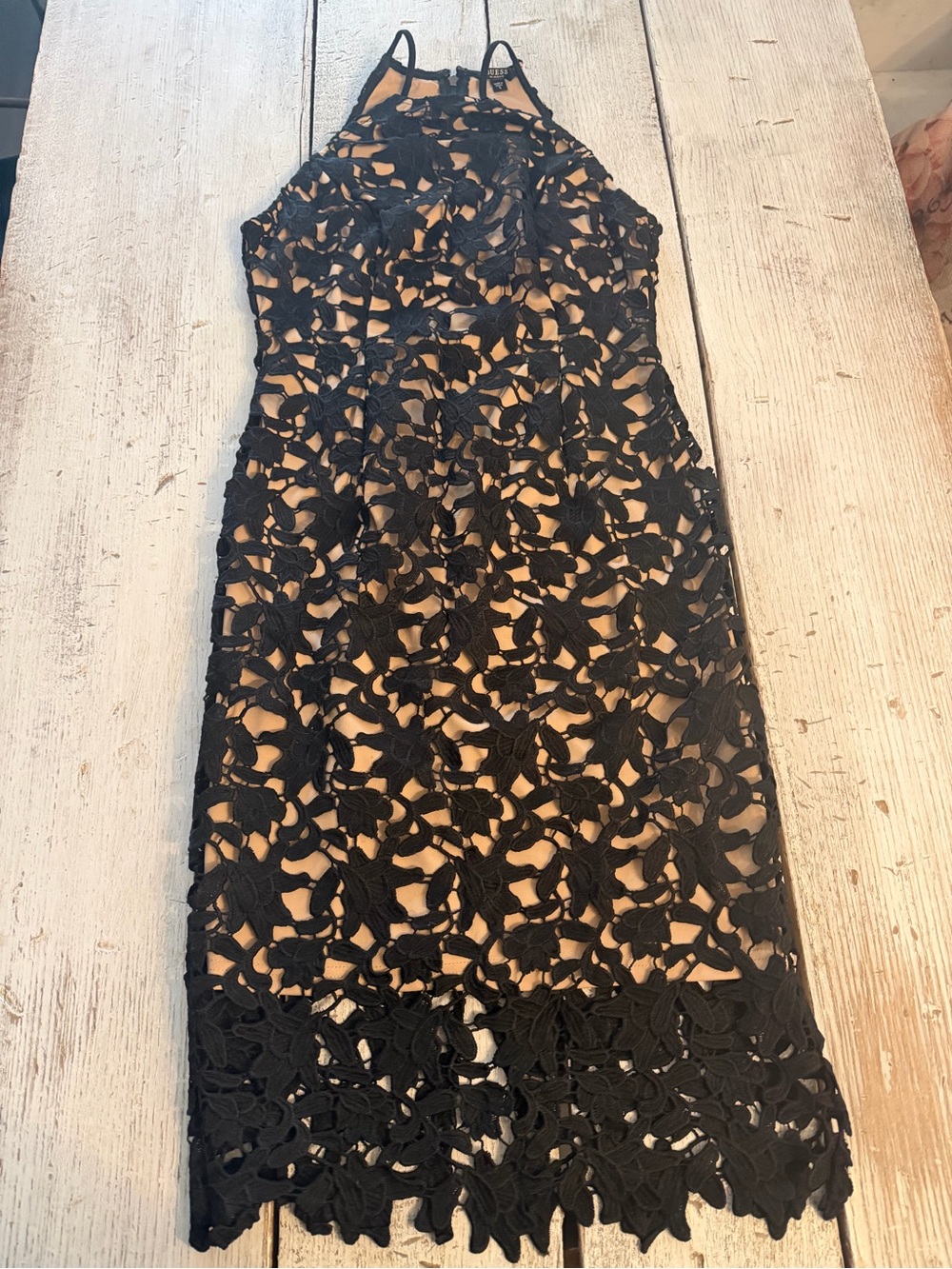 Guess Black Lace Midi Dress with Nude Lining